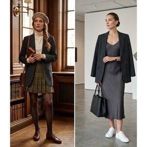 DKNY Pinstripe Blazer Women Size S Black White Single Button Cotton Jacket